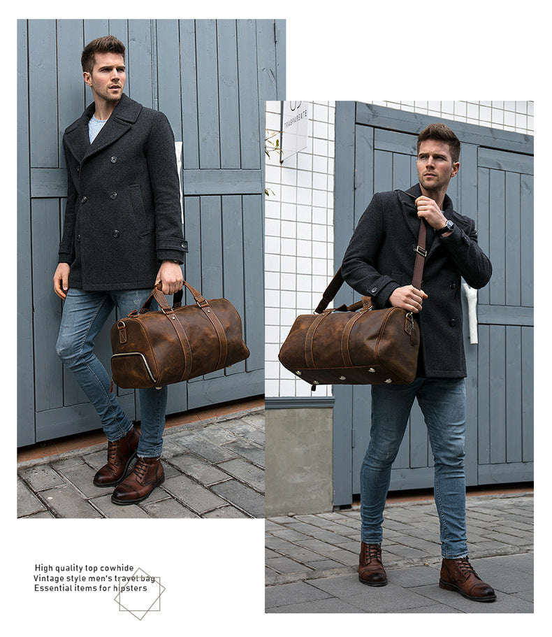 Crazy Horse Leather Men's Travel Bags - Large Capacity Fitness & Outdoor Handbags