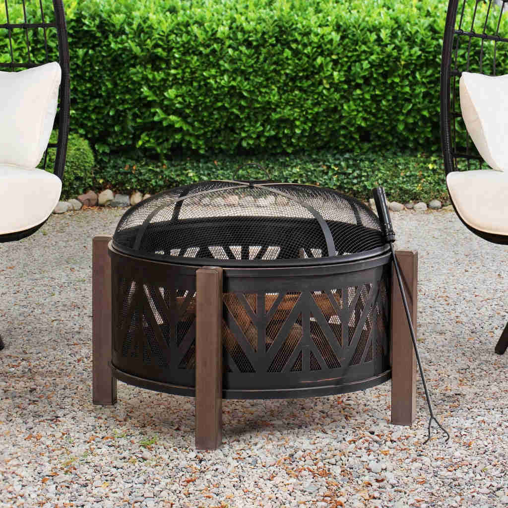 Sunjoy 31 in. Outdoor Fire Pit - Black Steel Wood Burning Fire Pit with Spark Screen and Fire Poker