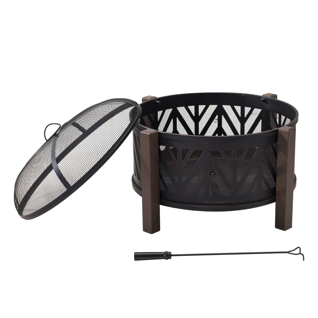 Sunjoy 31 in. Outdoor Fire Pit - Black Steel Wood Burning Fire Pit with Spark Screen and Fire Poker