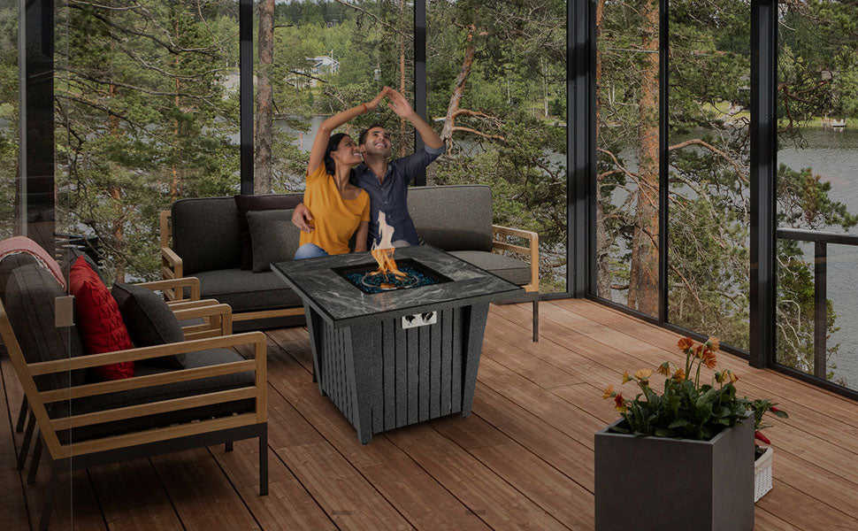 32 Propane Fire Pit Table with Marble Tabletop and 50,000 BTU Output - Modern Outdoor Heating Solution