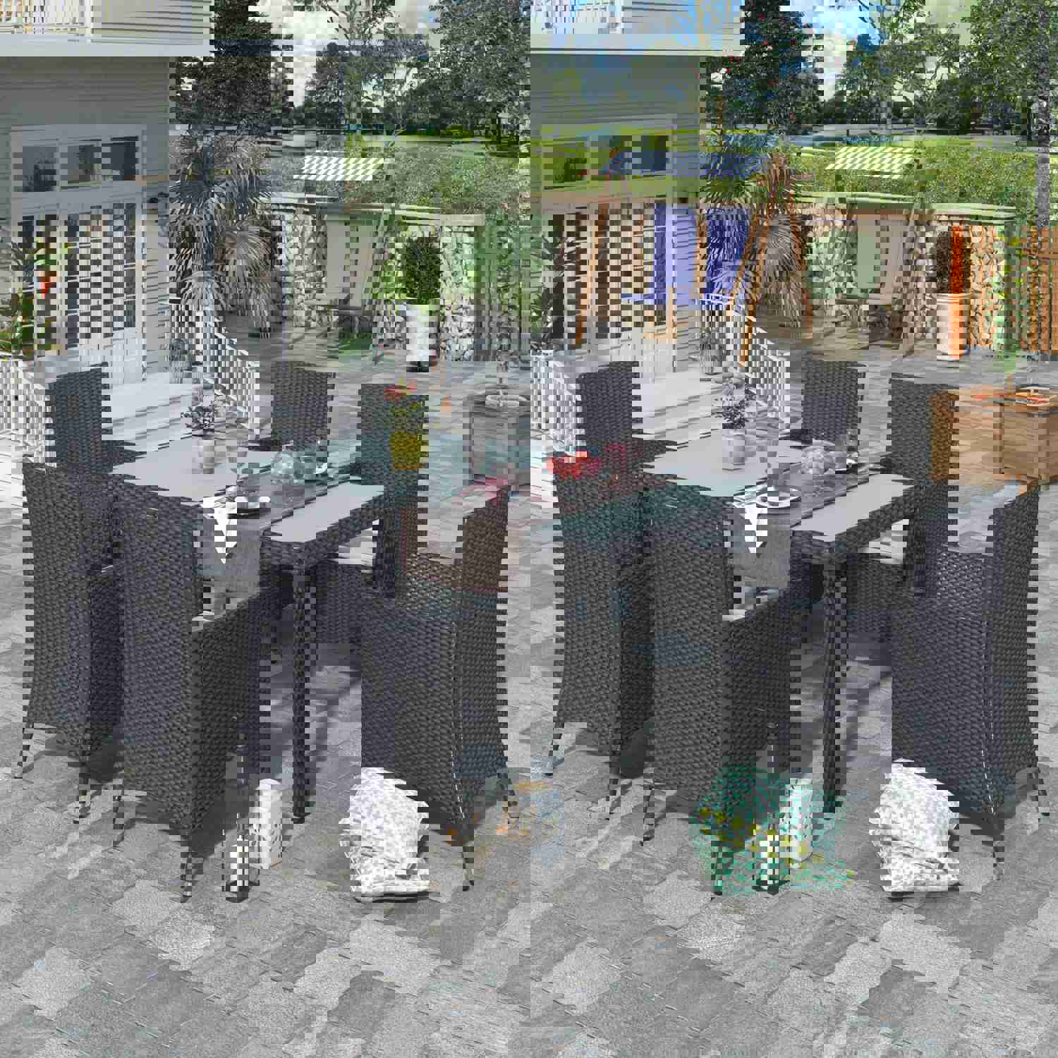 TOPMAX 7-piece Outdoor Wicker Dining Set with Beige Cushion (Black)