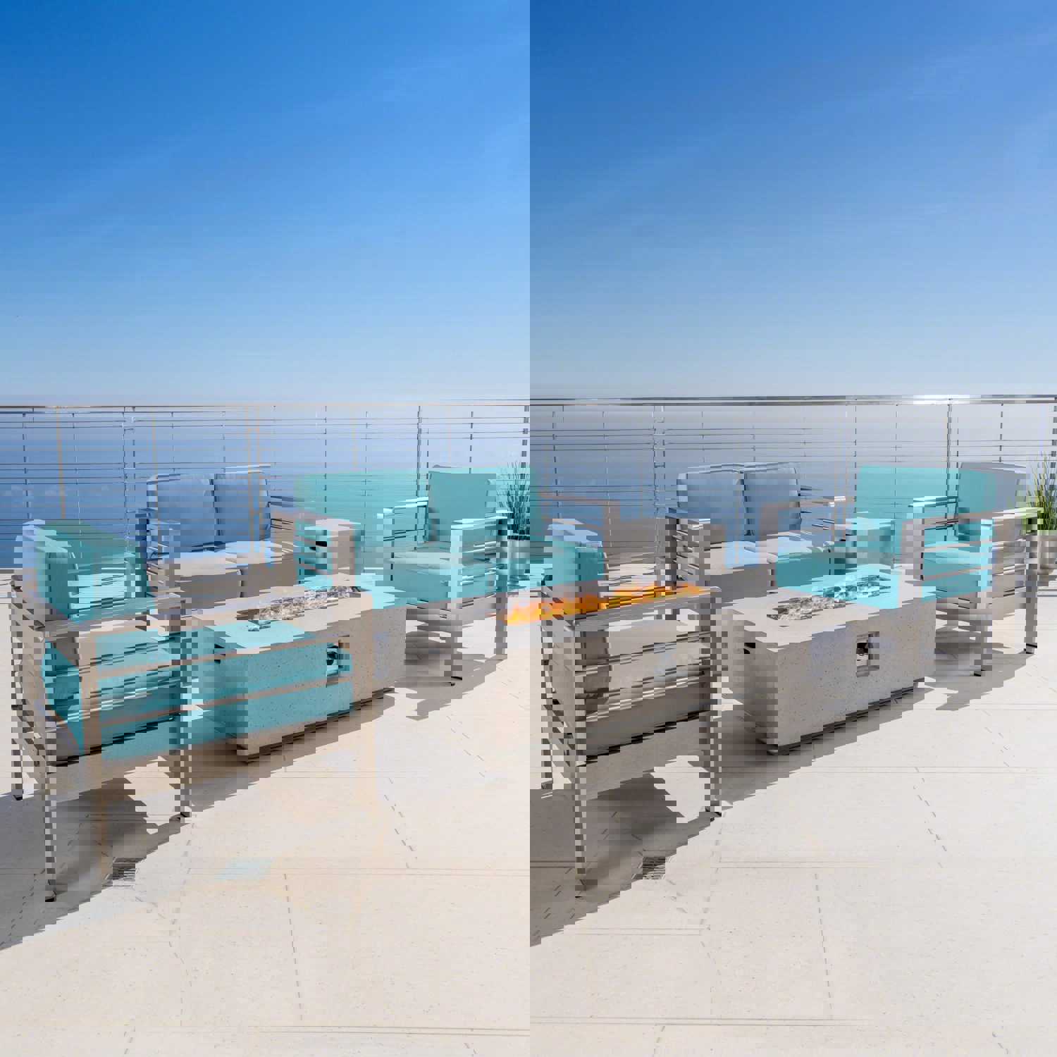 Crested Bay 5pc Modern Outdoor Aluminum Sofa & Chairs Set With Fire Pit