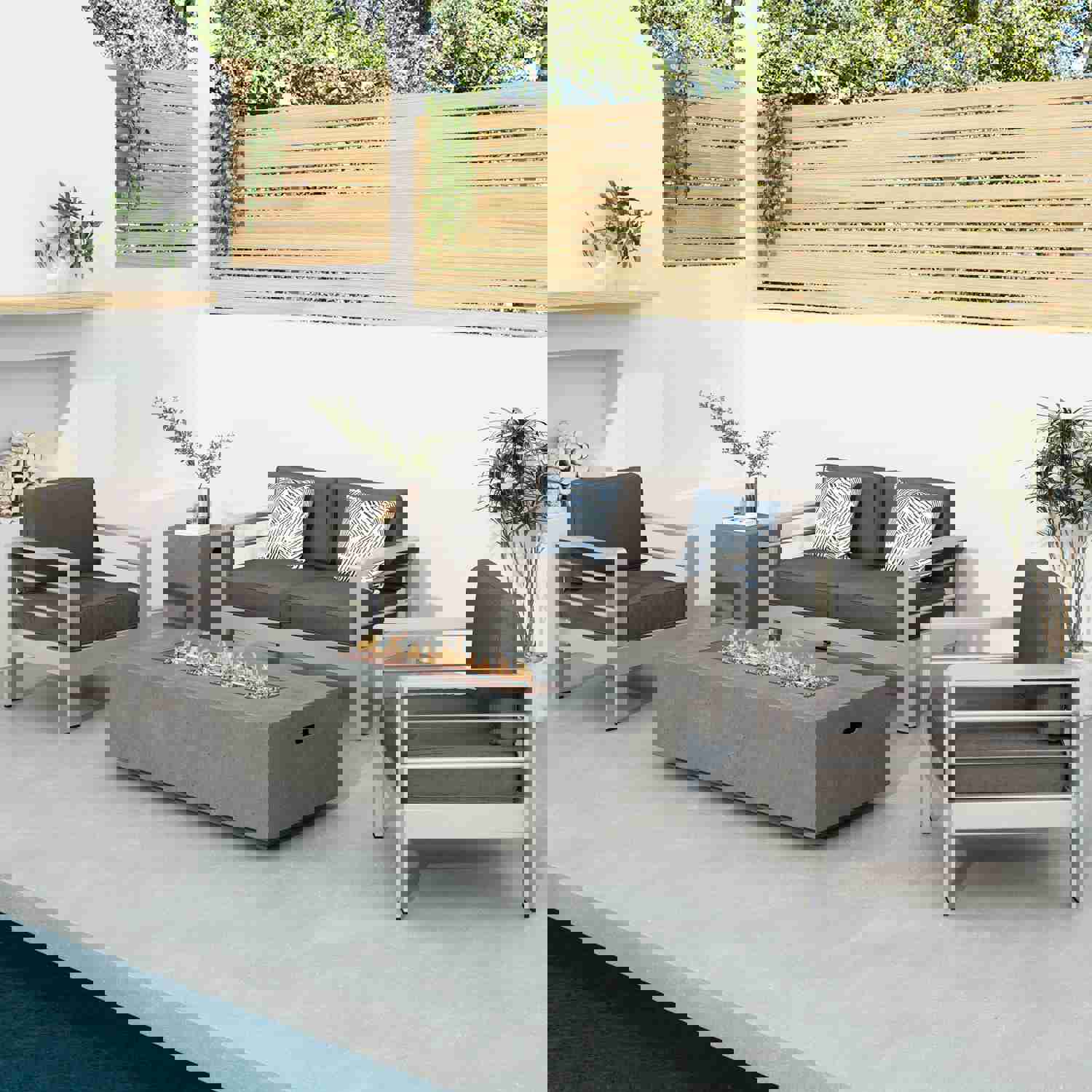 Crested Bay 5pc Modern Outdoor Aluminum Sofa & Chairs Set With Fire Pit