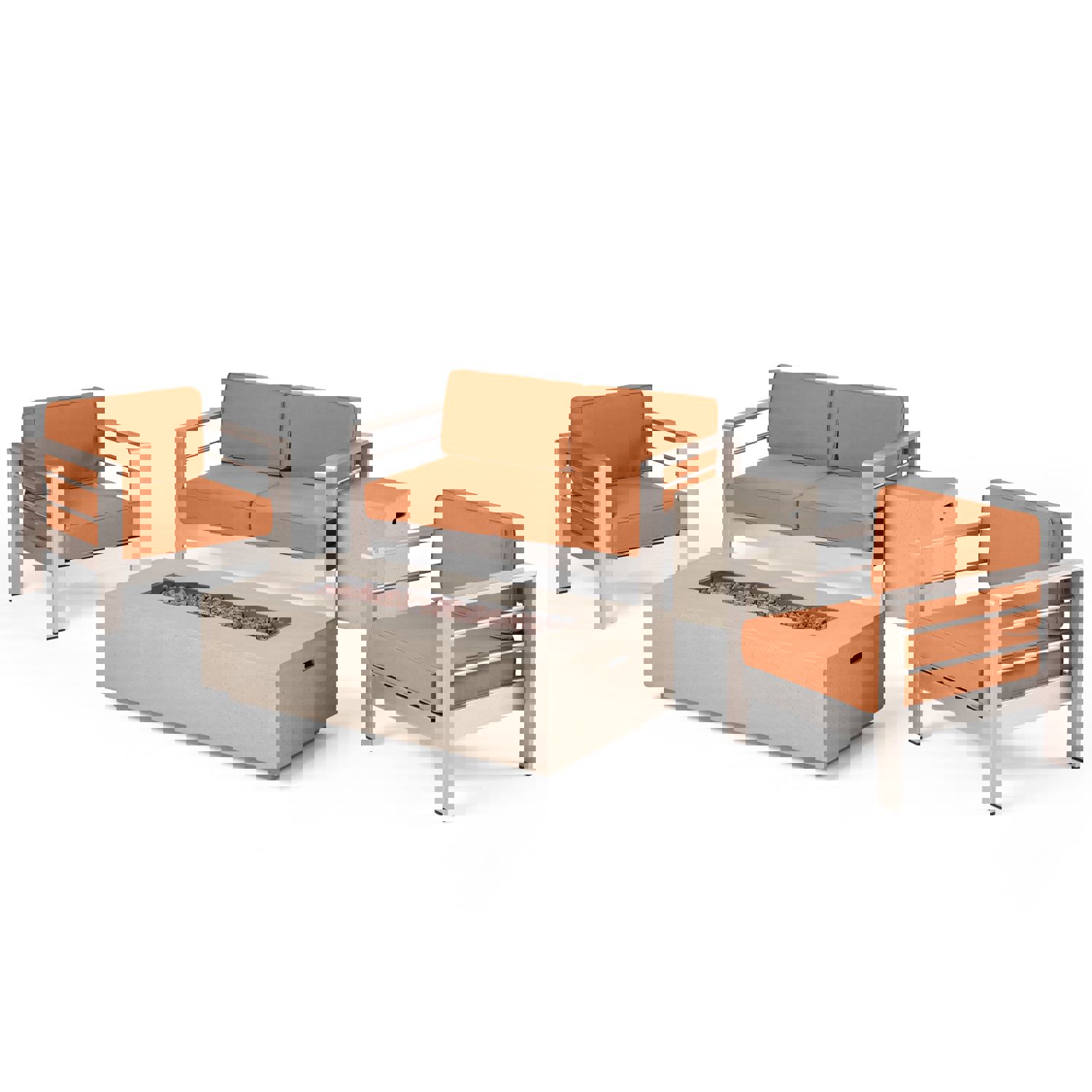 Crested Bay 5pc Modern Outdoor Aluminum Sofa & Chairs Set With Fire Pit