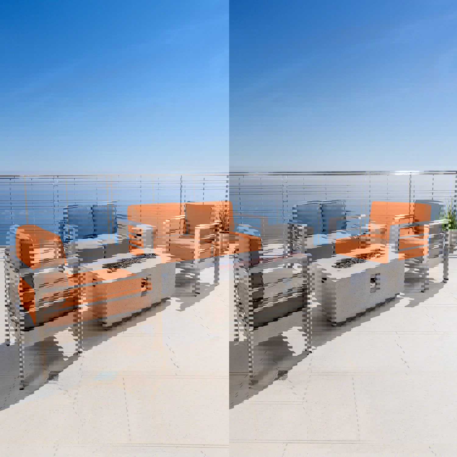 Crested Bay 5pc Modern Outdoor Aluminum Sofa & Chairs Set With Fire Pit