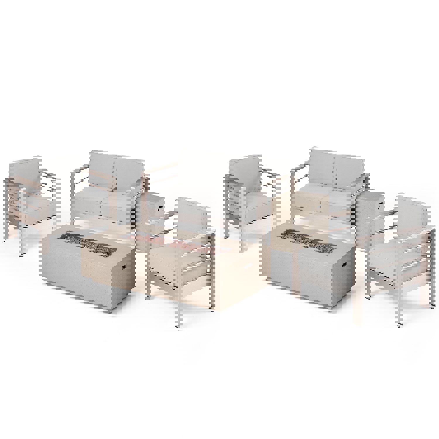 Crested Bay 5pc Modern Outdoor Aluminum Sofa & Chairs Set With Fire Pit