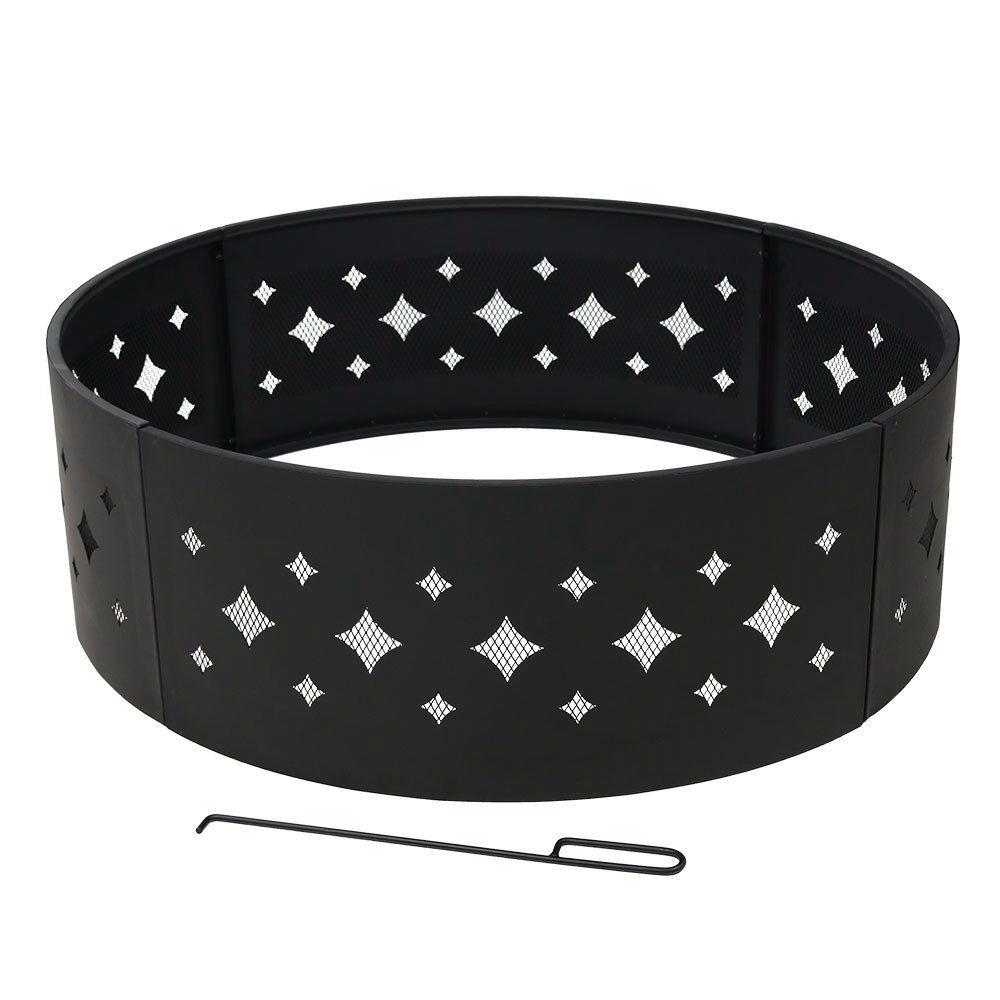 Heavy Duty 36-inch Black Steel Fire Pit Ring with Diamond Pattern