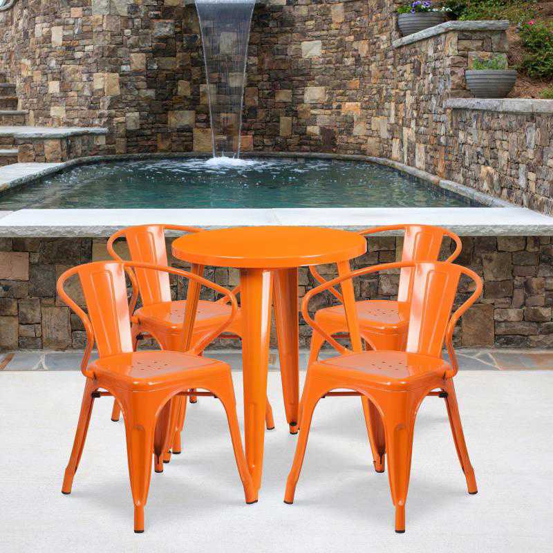 Flash Furniture Chauncey 24" Round Orange Metal Indoor-Outdoor Table Set with 4 Arm Chairs
